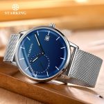 STARKING Dress Men Watch Steel Mesh Band Quartz Analog Wristwatch 3ATM Waterproof Curved Glass Blue Male Clock Relogio Masculino