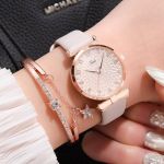 Women Watches Bracelet Set Flowers Ladies Bracelet Watch Casual Leather Quartz Wristwatch 2pcs Set Clock Gifts Relogio Feminino