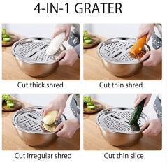 LMETJMA 3 in 1 Vegetable Slicer Cutter Drain Basket Stainless Steel Vegetable Julienne Grater Salad Maker Bowl KC0410