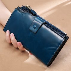 RFID Blocking Genuine Leather Women Wallet Long Lady Leather Purse Brand Design Luxury Oil Wax Leather Female Wallet Coin Purse