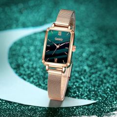Gaiety Brand Women Watches Fashion Square Ladies Quartz Watch Bracelet Set Green Dial Simple Rose Gold Mesh Luxury Women Watches