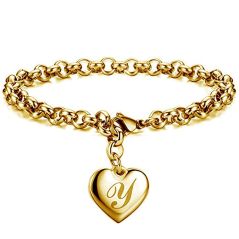 Initial Charm Gold-Color Bracelets Stainless Steel Heart 26 Letters Alphabet Bracelet for Women Girls Kids Gifts