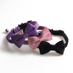 Velvet Cat Collar Bowknot Adjustable Safety Buckle Gatos Bow Tie Cat Accessories Collar for Cats with Bell Solid Color