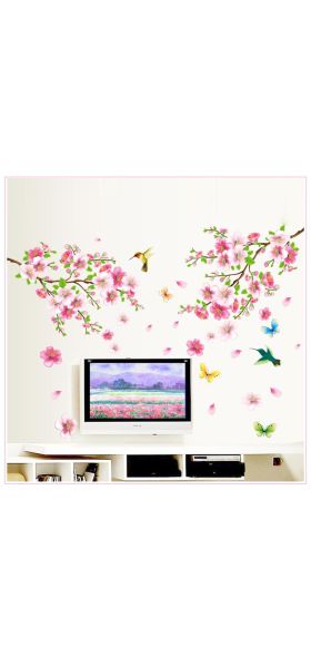 3D Pink Removable Peach Plum Cherry Blossom Flower Butterfly Vinyl Art Decal Wall Home Sticker Room Decor