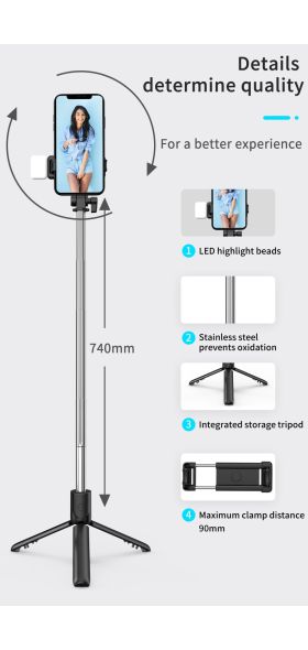 Wireless bluetooth selfie stick foldable mini tripod with fill light shutter remote control for IOS Android Self-Timer Rod Stick
