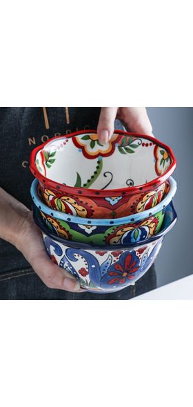 Bohemian Hand-painted Ceramic Salad Bowl Rice Ramen Bowl Soup Bowls Fruit Home Breakfast Cereal Household Kitchen Tableware