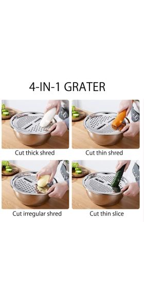 LMETJMA 3 in 1 Vegetable Slicer Cutter Drain Basket Stainless Steel Vegetable Julienne Grater Salad Maker Bowl KC0410