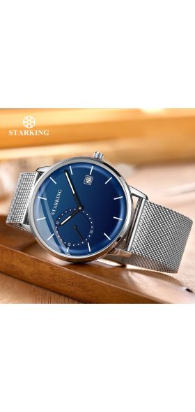 STARKING Dress Men Watch Steel Mesh Band Quartz Analog Wristwatch 3ATM Waterproof Curved Glass Blue Male Clock Relogio Masculino