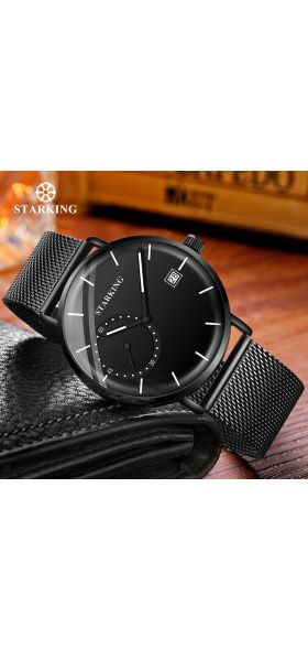 STARKING Dress Men Watch Steel Mesh Band Quartz Analog Wristwatch 3ATM Waterproof Curved Glass Blue Male Clock Relogio Masculino
