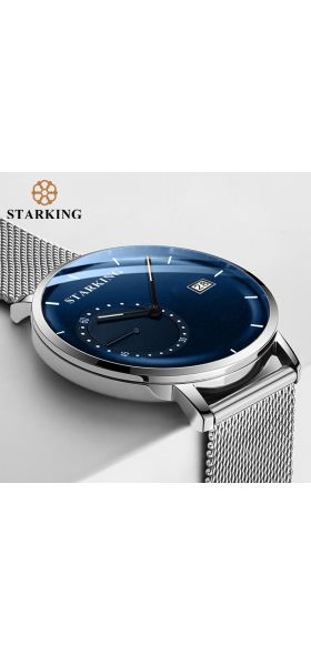 STARKING Dress Men Watch Steel Mesh Band Quartz Analog Wristwatch 3ATM Waterproof Curved Glass Blue Male Clock Relogio Masculino