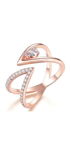 Beiver Rose Gold Color AAA+ Cubic Zircon CZ Cluster V Letter Open Size Finger Ring