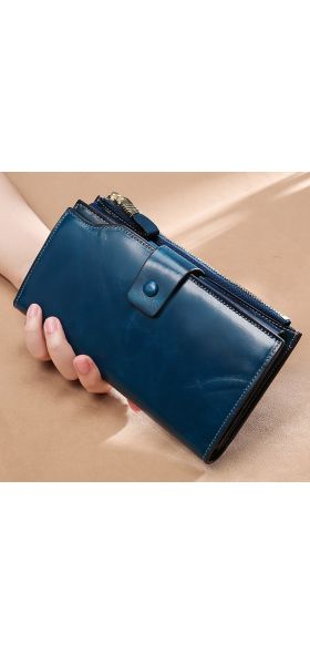 RFID Blocking Genuine Leather Women Wallet Long Lady Leather Purse Brand Design Luxury Oil Wax Leather Female Wallet Coin Purse