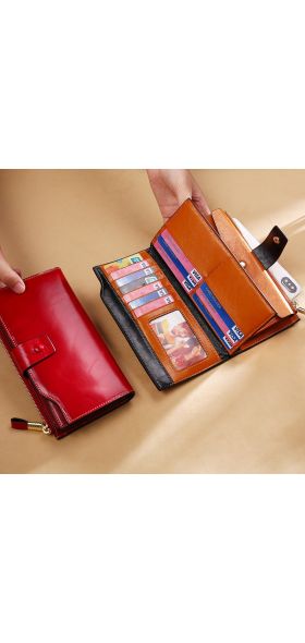 RFID Blocking Genuine Leather Women Wallet Long Lady Leather Purse Brand Design Luxury Oil Wax Leather Female Wallet Coin Purse
