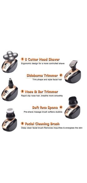 5 In 1 4D Men's Rechargeable Bald Head Electric Shaver 5 Floating Heads Beard Nose Ear Hair Trimmer Razor Clipper Facial Brush