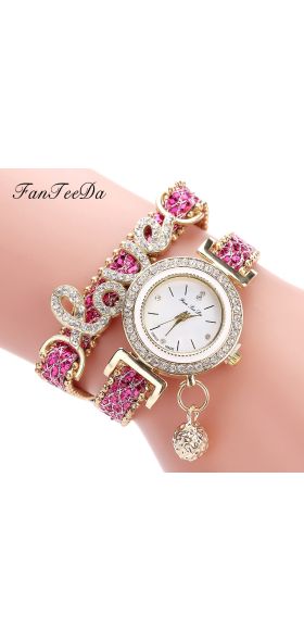 FanTeeDa Top Brand Women Bracelet Watches Ladies Love Leather Strap Rhinestone Quartz Wrist Watch Luxury Fashion Quartz Watch