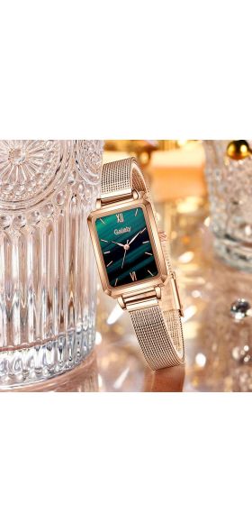 Gaiety Brand Women Watches Fashion Square Ladies Quartz Watch Bracelet Set Green Dial Simple Rose Gold Mesh Luxury Women Watches