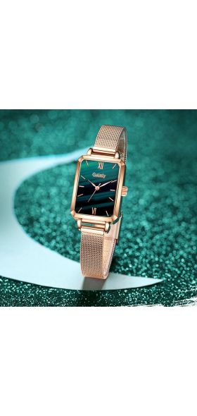 Gaiety Brand Women Watches Fashion Square Ladies Quartz Watch Bracelet Set Green Dial Simple Rose Gold Mesh Luxury Women Watches