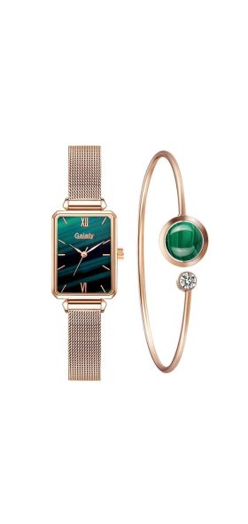 Gaiety Brand Women Watches Fashion Square Ladies Quartz Watch Bracelet Set Green Dial Simple Rose Gold Mesh Luxury Women Watches