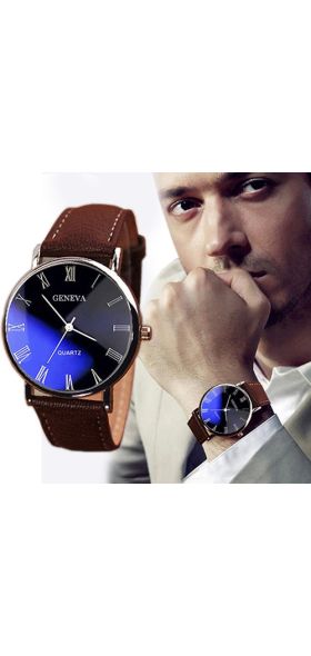Men Watch Roman Numerals Blu-Ray Faux Leather Band Quartz Analog Business Wrist Watch montre homme часы мужские наручные