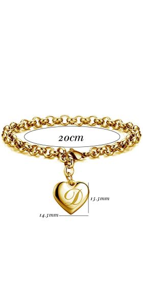 Initial Charm Gold-Color Bracelets Stainless Steel Heart 26 Letters Alphabet Bracelet for Women Girls Kids Gifts