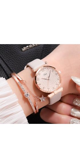 Women Watches Bracelet Set Flowers Ladies Bracelet Watch Casual Leather Quartz Wristwatch 2pcs Set Clock Gifts Relogio Feminino