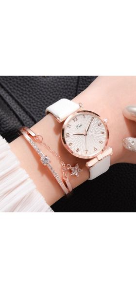 Women Watches Bracelet Set Flowers Ladies Bracelet Watch Casual Leather Quartz Wristwatch 2pcs Set Clock Gifts Relogio Feminino