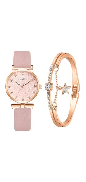 Women Watches Bracelet Set Flowers Ladies Bracelet Watch Casual Leather Quartz Wristwatch 2pcs Set Clock Gifts Relogio Feminino