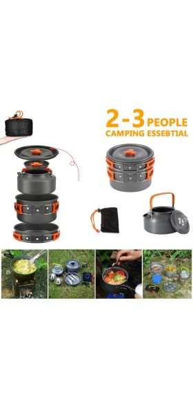 Camping Cookware Kit Outdoor Aluminum Cooking Set Water Kettle Pan Pot Travelling Hiking Picnic BBQ Tableware Equipment