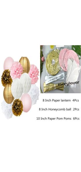 12pcs/set Mixed Paper Pom Poms Paper Honeycomb Ball Hanging Paper Lantern Wedding Birthday Decor DIY Baby Shows Party Supplies
