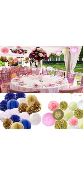 12pcs/set Mixed Paper Pom Poms Paper Honeycomb Ball Hanging Paper Lantern Wedding Birthday Decor DIY Baby Shows Party Supplies