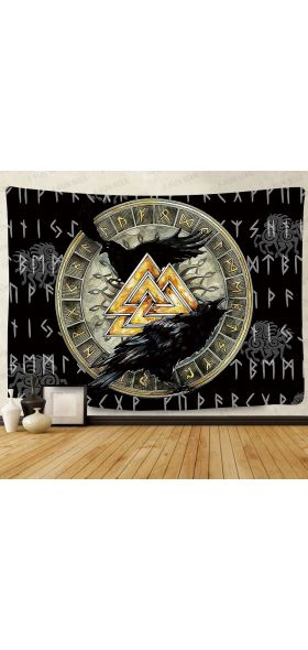 Simsant Viking Raven Tapestry Mysterious Viking Meditation Psychedelic Runes Art Wall Hanging Tapestries for Living Room Decor