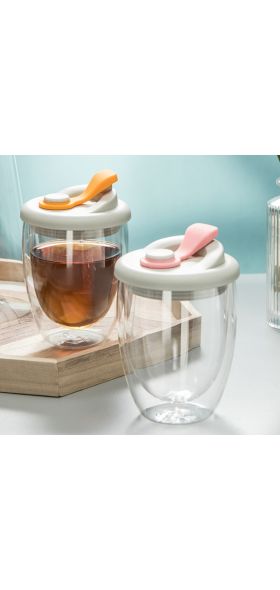 New Double Wall Insulated Milk Coffee Cup, Airtight Lid, Leak-Proof, Transparent Glass Handy Cup