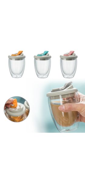 New Double Wall Insulated Milk Coffee Cup, Airtight Lid, Leak-Proof, Transparent Glass Handy Cup