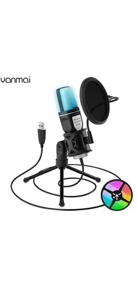 USB Microphone RGB Condenser Wired Gaming Mic for Podcast Recording, Studio and Streaming