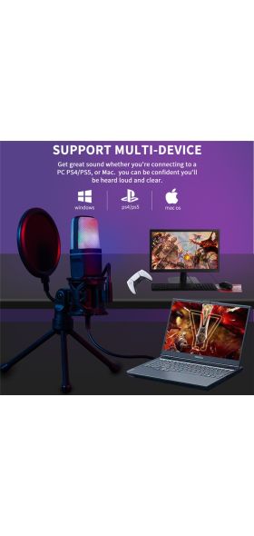USB Microphone RGB Condenser Wired Gaming Mic for Podcast Recording, Studio and Streaming