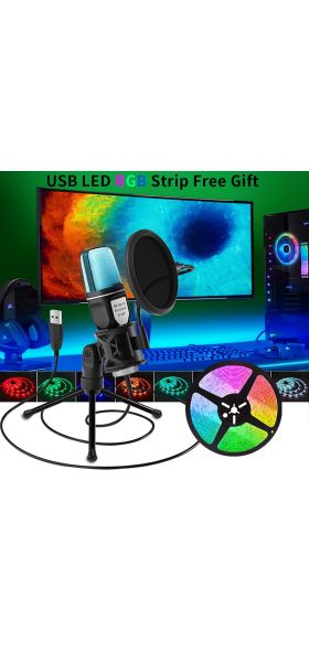 USB Microphone RGB Condenser Wired Gaming Mic for Podcast Recording, Studio and Streaming