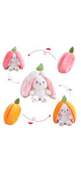 Reversible Bunny Stuffed Animal | Carrot Strawberry Plush Doll with Zipper | Cute Soft Rabbit Toy Pillow Decoration | Easter Gift for Kids and Adults