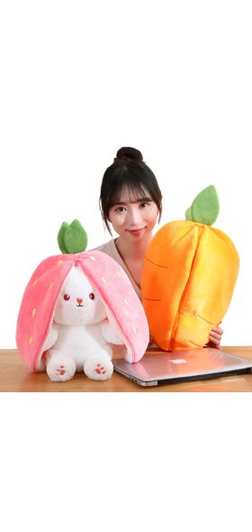 Reversible Bunny Stuffed Animal | Carrot Strawberry Plush Doll with Zipper | Cute Soft Rabbit Toy Pillow Decoration | Easter Gift for Kids and Adults