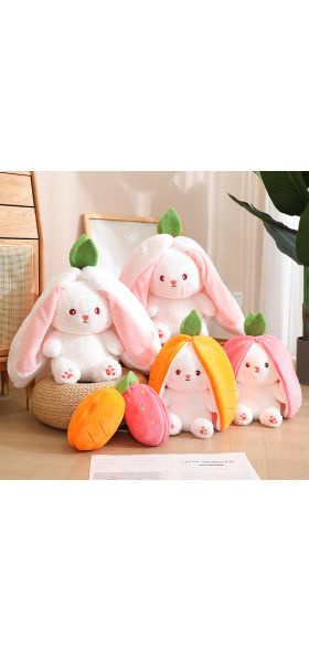 Reversible Bunny Stuffed Animal | Carrot Strawberry Plush Doll with Zipper | Cute Soft Rabbit Toy Pillow Decoration | Easter Gift for Kids and Adults