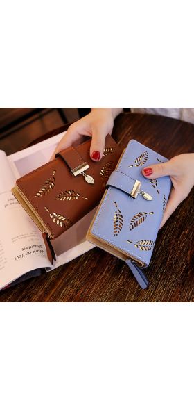 Women Wallet PU Leather Purse Female Long Wallet Gold Hollow Leaves Pouch Handbag For Women Coin Purse Card Holders Clutch