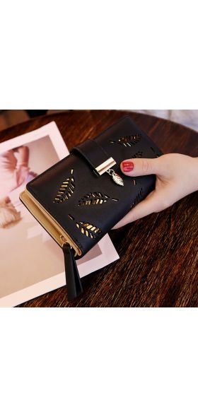 Women Wallet PU Leather Purse Female Long Wallet Gold Hollow Leaves Pouch Handbag For Women Coin Purse Card Holders Clutch