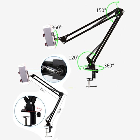 360 Rotating Flexible Long Arms Mobile Phone Holder For iPhone Xiaomi Desktop Bed Lazy Bracket Phone Stand Metal Clamp Support