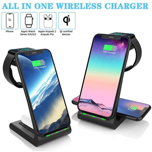 3 in 1 Wireless Charger Station QI 15W Fast Apple Wireless Charging Stand Dock for iPhone 12/11/8 Pro Max AirPods iWatch Samsung